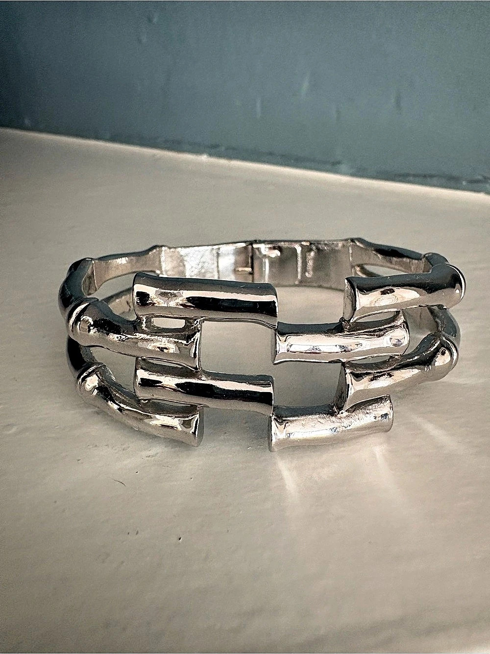 Vintage Crown Trifari Silver-Tone Bamboo Clamp Bracelet